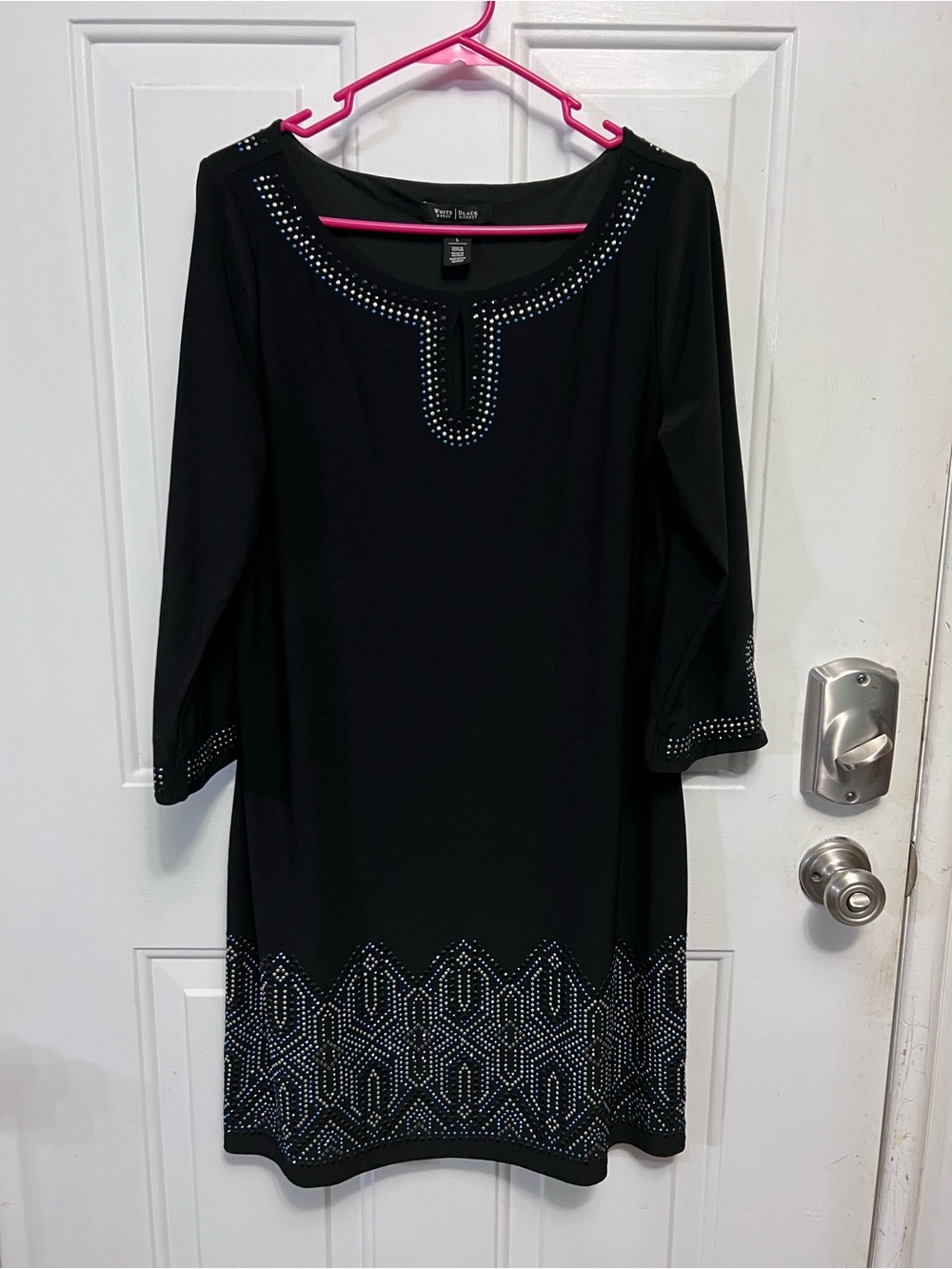 White House Black Market L Black Embellished Dress Geometric Beaded Knee Length